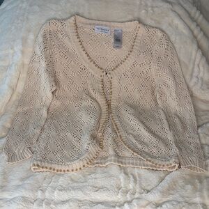 Villager Beige Women's Cardigan with Wood Bead Trim Med Cottagecore Festival